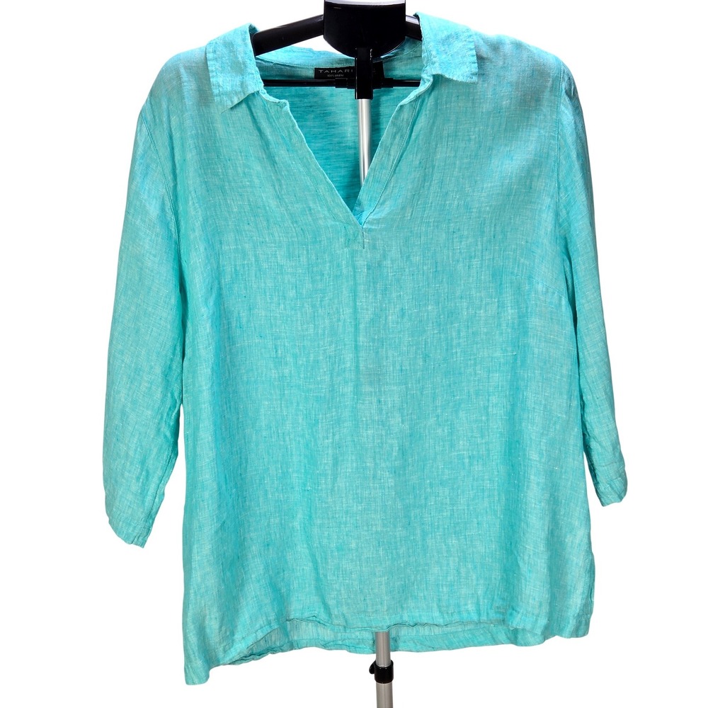 Women's Tahari 1X Teal 100% Linen V-Neck 3/4 Sleeve Tunic Coastal Grandma Resort